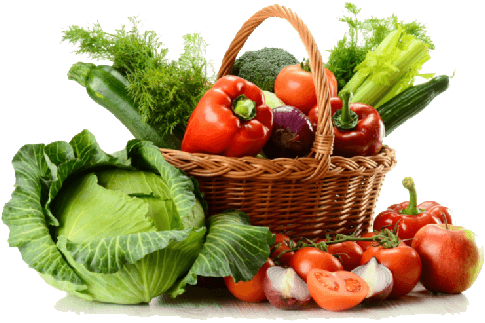 Food basket containing fresh vegetables, pepper, onions, tomatoes